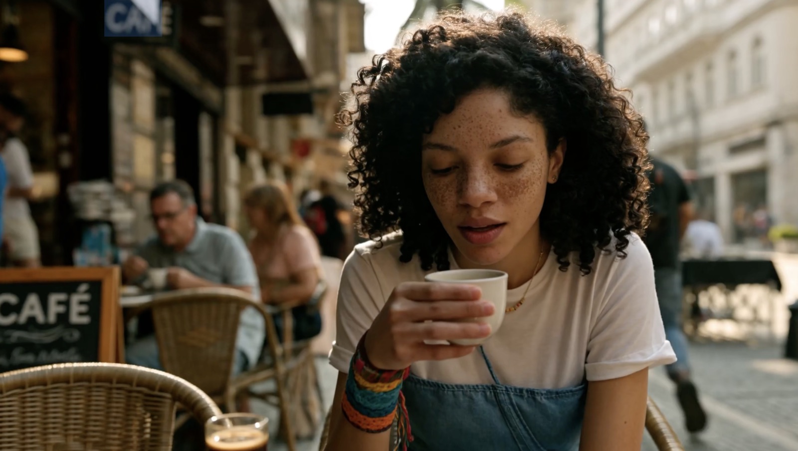 Photorealistic video frame generated by the MiniMax H3 model showing a woman at a café, from the official MiniMax H3 announcement